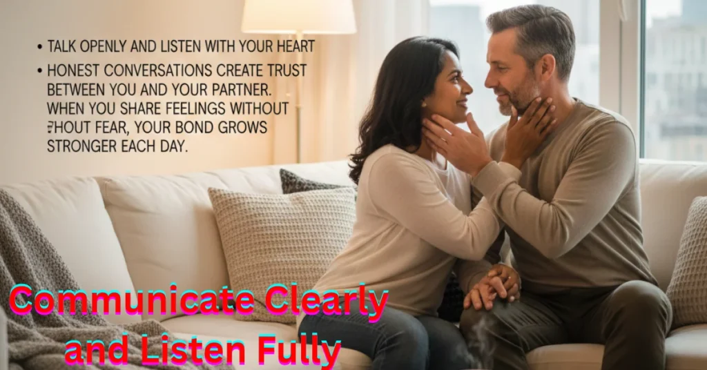 Couple having an open conversation, practicing active listening to communicate clearly using hacks relationship fpmomtips