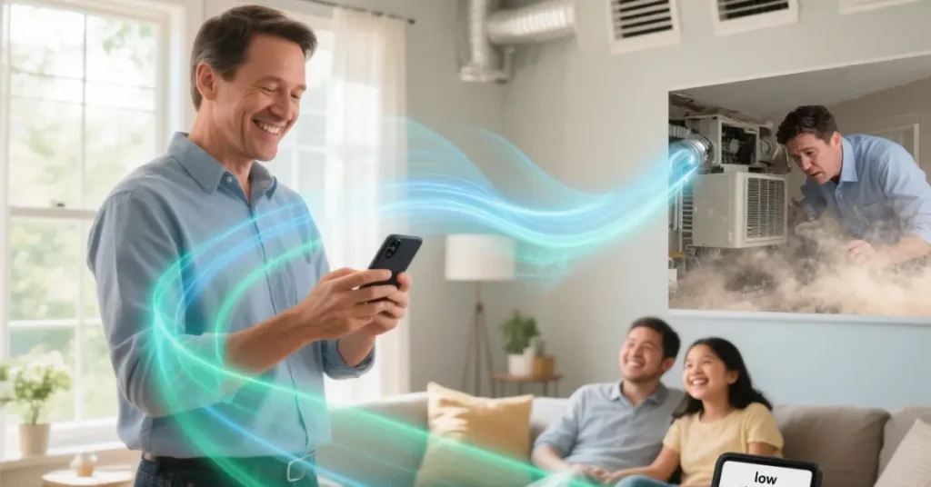 A homeowner comfortably relaxing in a dust-free living room after a professional duct checkup.