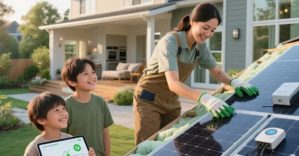 solar panels installed on a modern house roof, saving energy costs