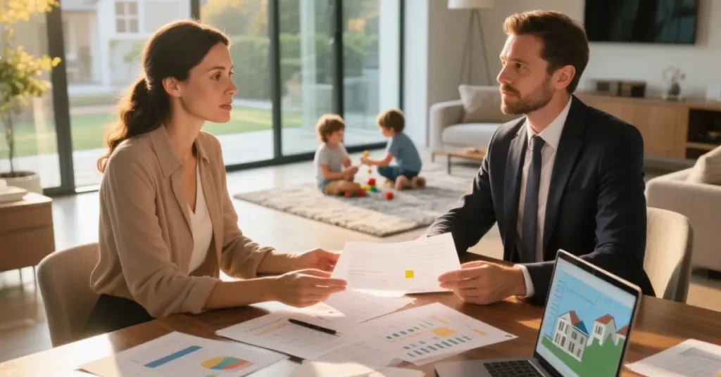 working mom holding house keys with stack of growing coins/money in background