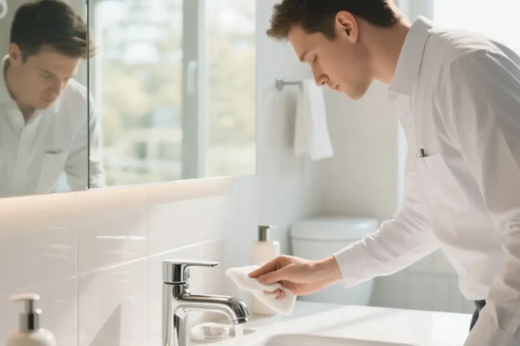 Cleaning bathroom tiles and fixtures