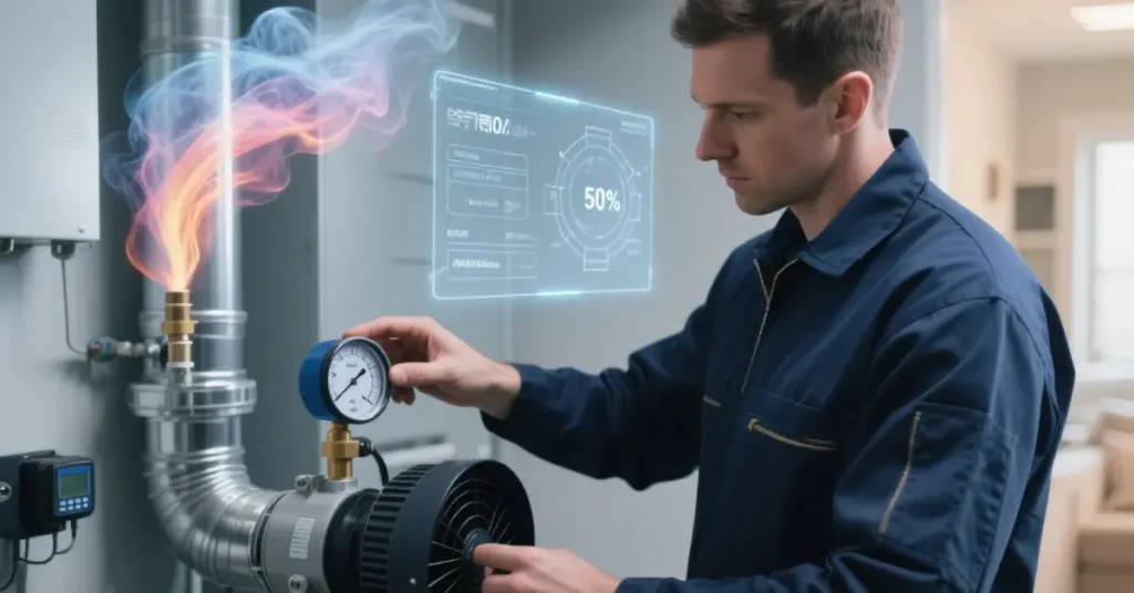 Specialized diagnostic equipment measuring airflow and pressure in a residential duct system.