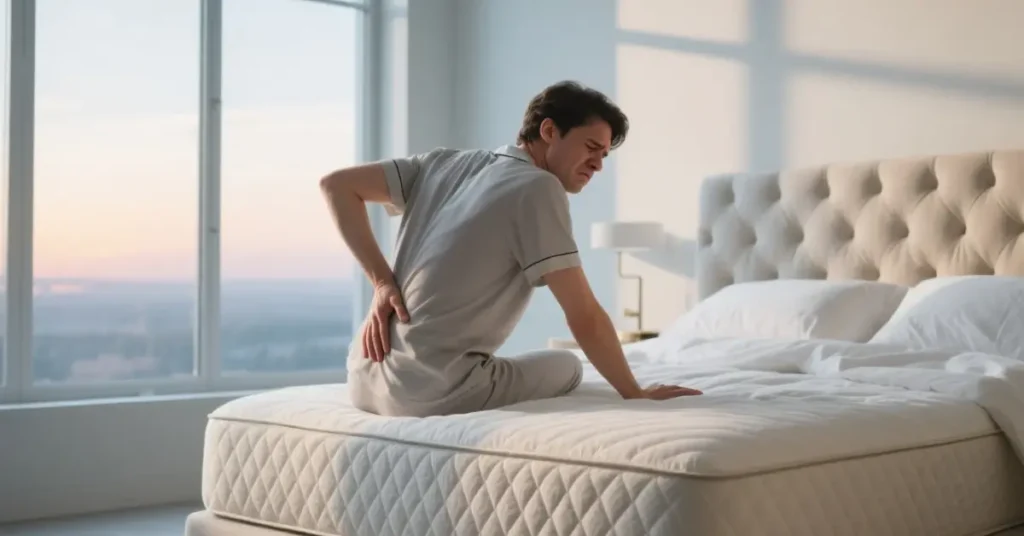 Person waking up with stiff lower back pain due to poor mattress support and spinal misalignment.