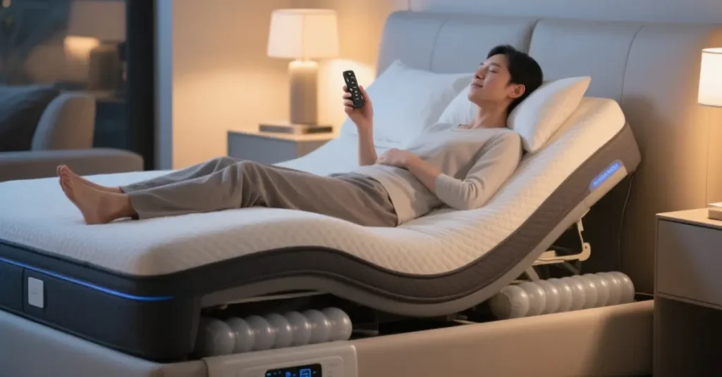 Adjustable air bed mattress showing internal air chambers inflating for customized lumbar support and back pain relief.