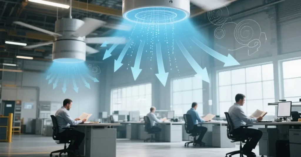 HVLS ceiling fan airflow pattern diagram showing air circulation.
