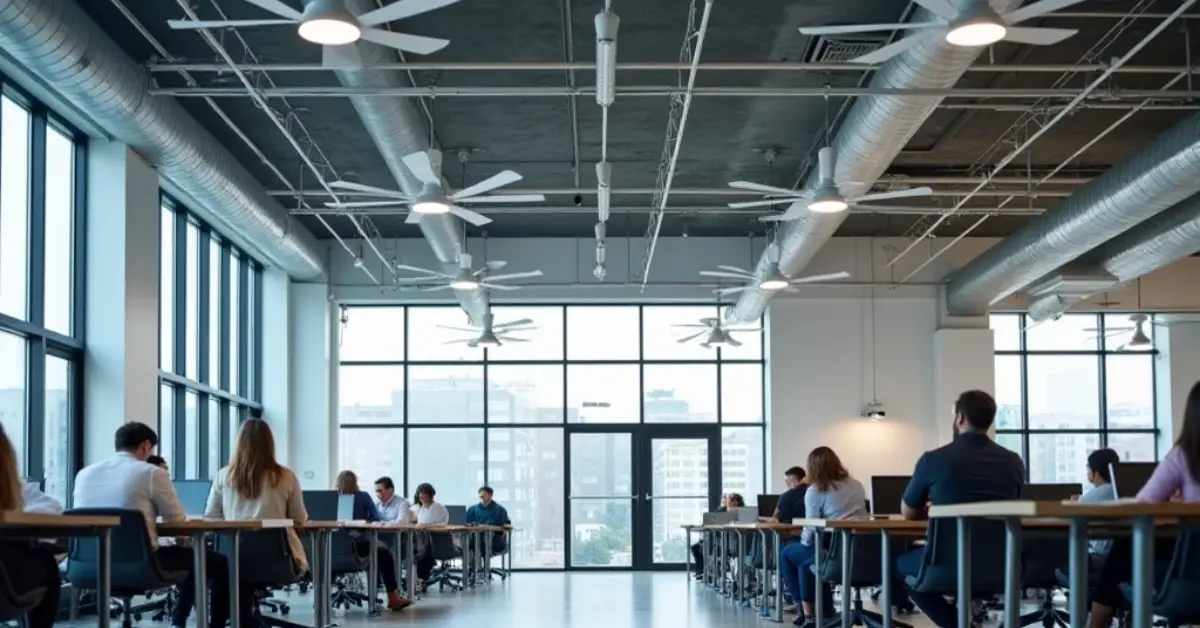 HVLS ceiling fans cooling large commercial space 2026