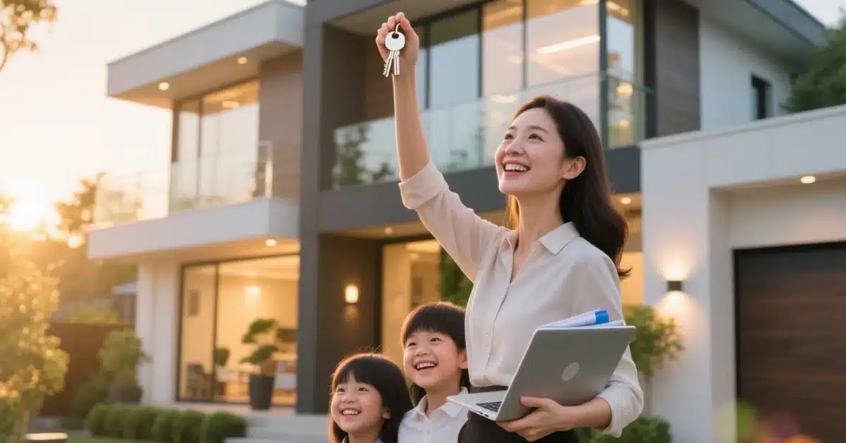 Successful working mom holding house keys in front of a modern family home, representing a smart real estate investment in 2026.