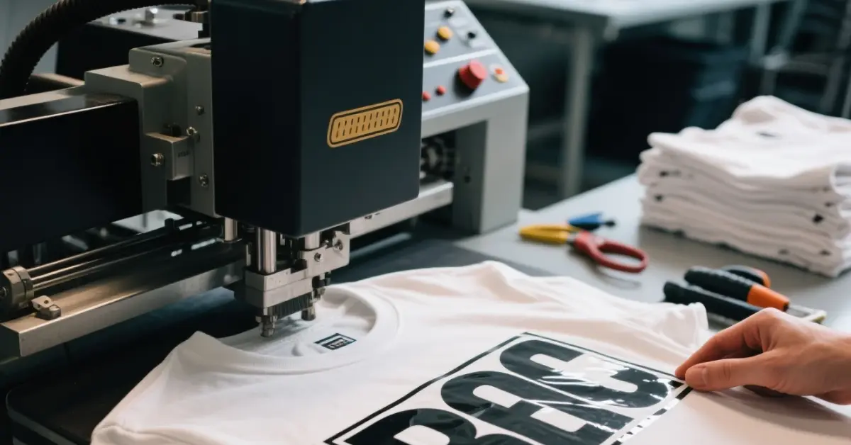 Professional shirt press machine applying adhesive vinyl for clean results on a cotton t-shirt
