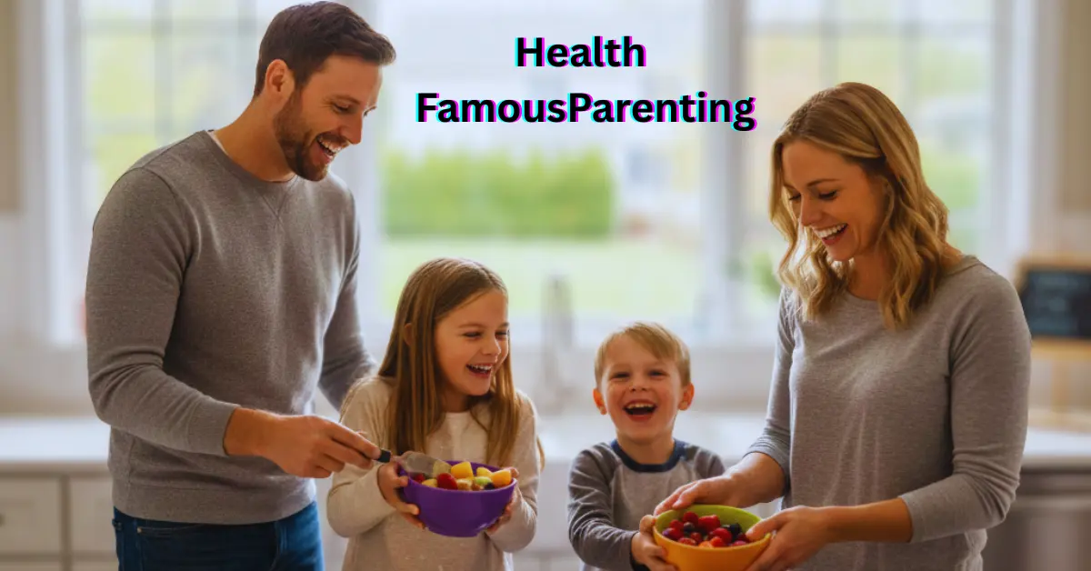 Happy family enjoying healthy activities together, demonstrating Health FamousParenting principles